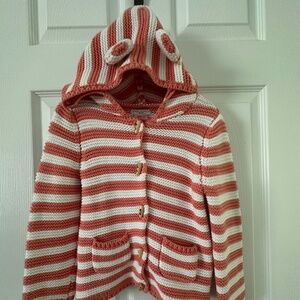 Max Studio Baby Girls 4T Sweater – White & Orange Stripes with Wood-Look Buttons